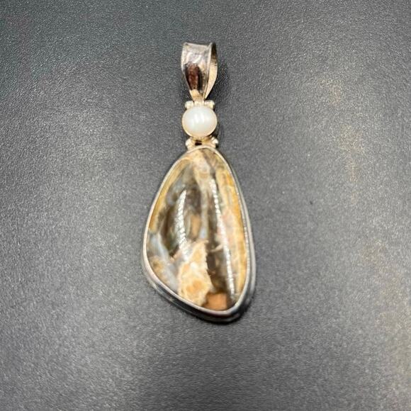 White Pearl Petrified Fossil Wood Agate Sterling Silver Peace Stone Pendant - Picture 1 of 7